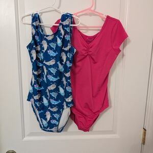 $Lot Of 2 Dance Leotards- Destira Blue Narwhal And Capezio Pink With Cap Sleeves